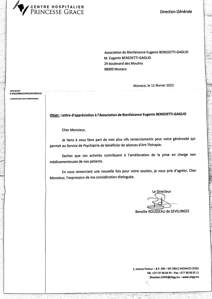 Lettera d'apprezzamento all'Associazione dal Centro Ospedaliero "Princesse Grace"